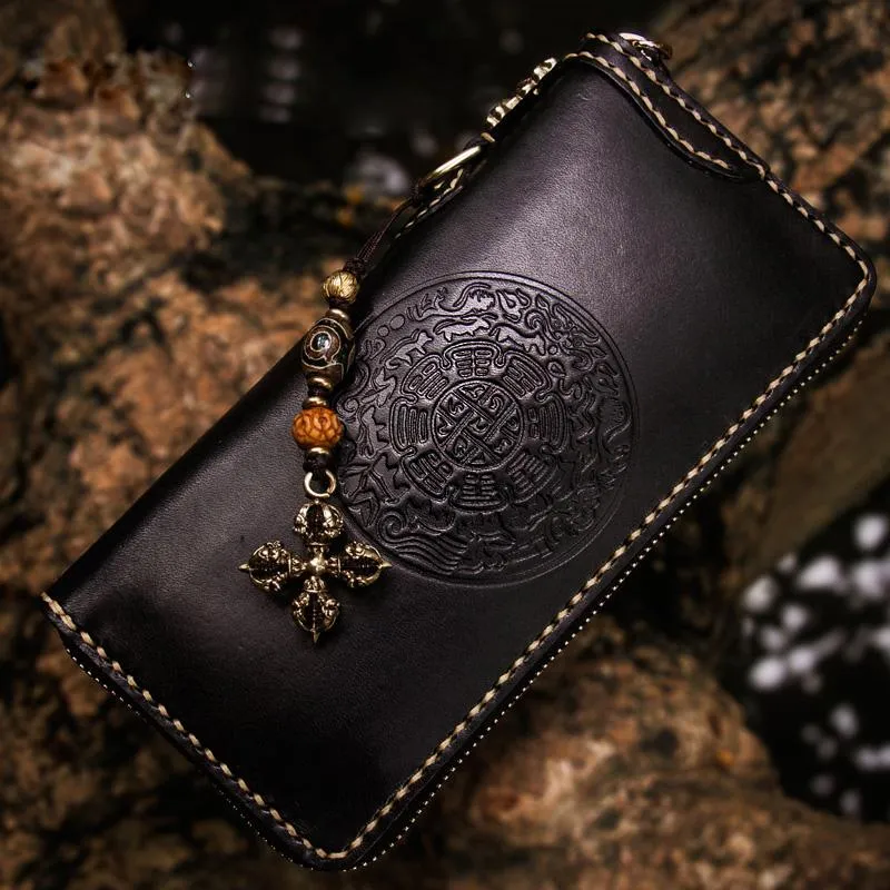 Handmade Leather Mens Cool Tibetan Chain Biker Wallets Leather Clutch Wallet Long Wallets for Men