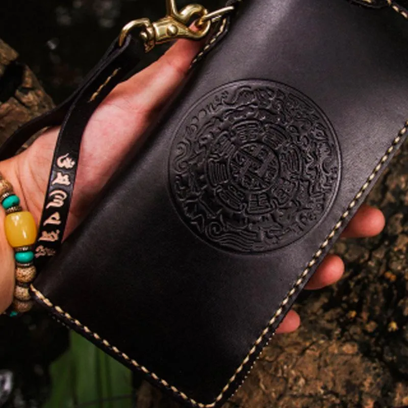 Handmade Leather Mens Cool Tibetan Chain Biker Wallets Leather Clutch Wallet Long Wallets for Men