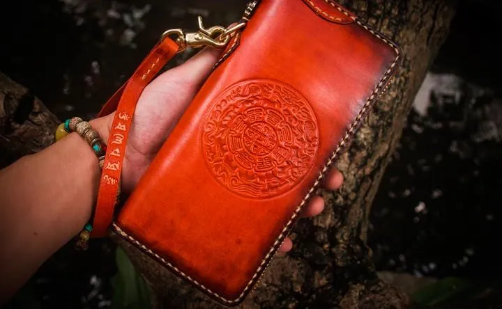 Handmade Leather Mens Cool Tibetan Chain Biker Wallets Leather Clutch Wallet Long Wallets for Men