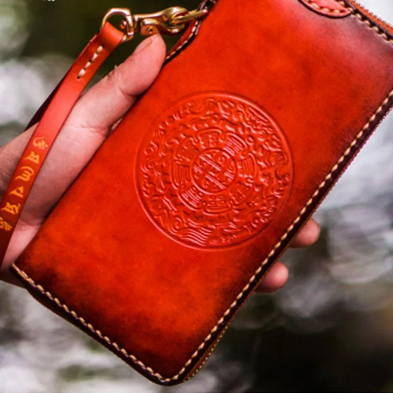 Handmade Leather Mens Cool Tibetan Chain Biker Wallets Leather Clutch Wallet Long Wallets for Men