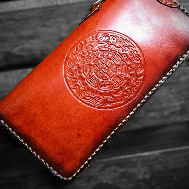 Handmade Leather Mens Cool Tibetan Chain Biker Wallets Leather Clutch Wallet Long Wallets for Men