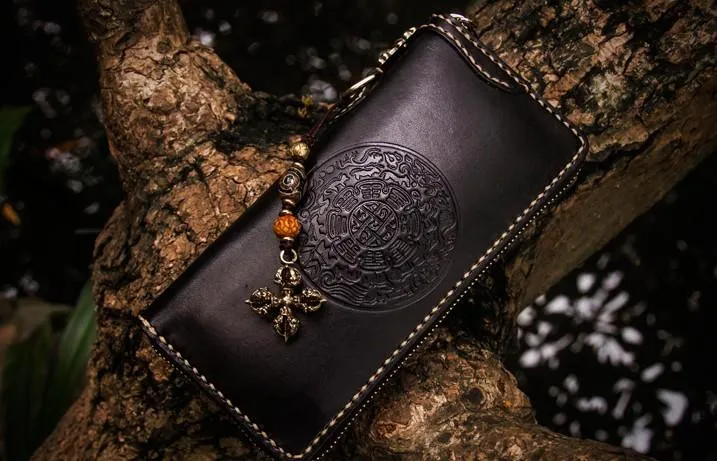 Handmade Leather Mens Cool Tibetan Chain Biker Wallets Leather Clutch Wallet Long Wallets for Men