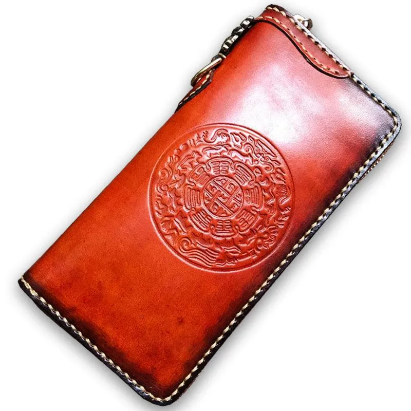 Handmade Leather Mens Cool Tibetan Chain Biker Wallets Leather Clutch Wallet Long Wallets for Men