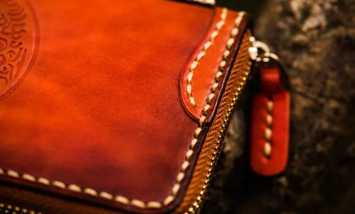 Handmade Leather Mens Cool Tibetan Chain Biker Wallets Leather Clutch Wallet Long Wallets for Men