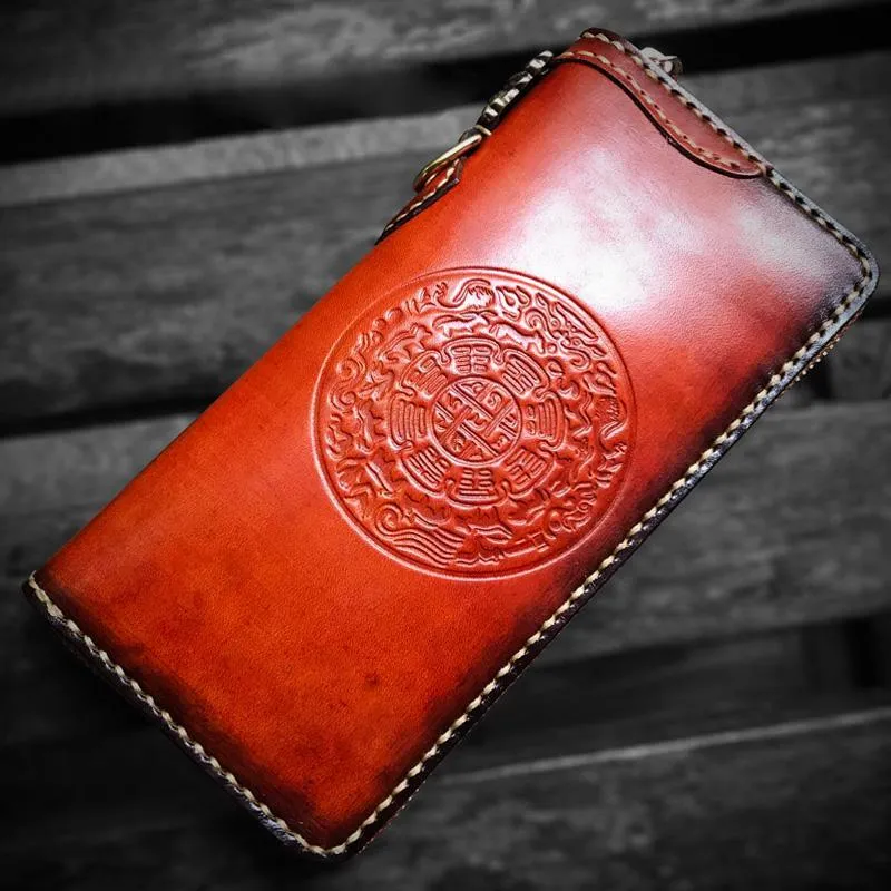 Handmade Leather Mens Cool Tibetan Chain Biker Wallets Leather Clutch Wallet Long Wallets for Men