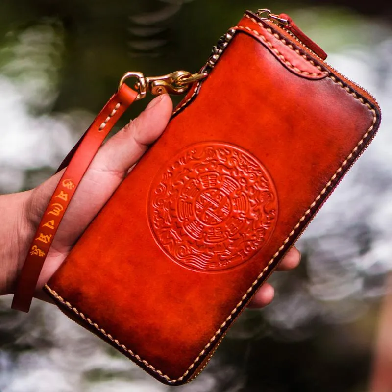 Handmade Leather Mens Cool Tibetan Chain Biker Wallets Leather Clutch Wallet Long Wallets for Men