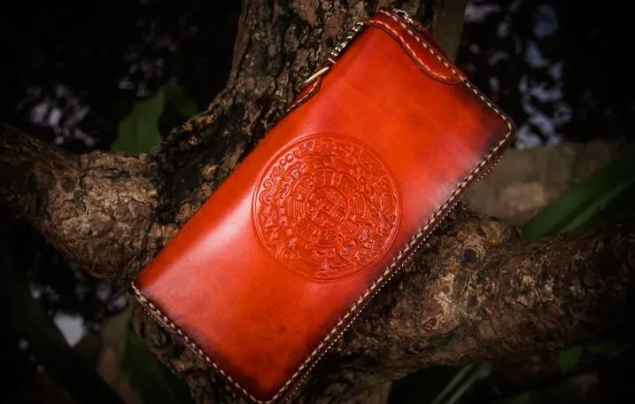 Handmade Leather Mens Cool Tibetan Chain Biker Wallets Leather Clutch Wallet Long Wallets for Men