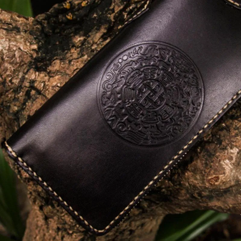 Handmade Leather Mens Cool Tibetan Chain Biker Wallets Leather Clutch Wallet Long Wallets for Men