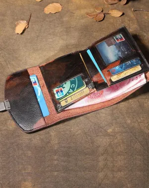 Handmade Leather Mens Graffiti Trifold billfold Wallet Vertical Small Card Wallet For Men