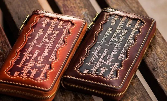Handmade Leather Mens Tibetan Chain Biker Wallet Cool Leather Clutch Wallet Long Wallets for Men