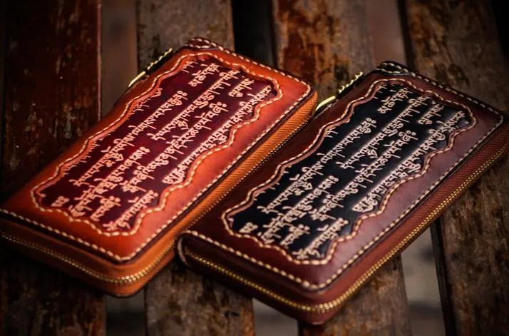 Handmade Leather Mens Tibetan Chain Biker Wallet Cool Leather Clutch Wallet Long Wallets for Men
