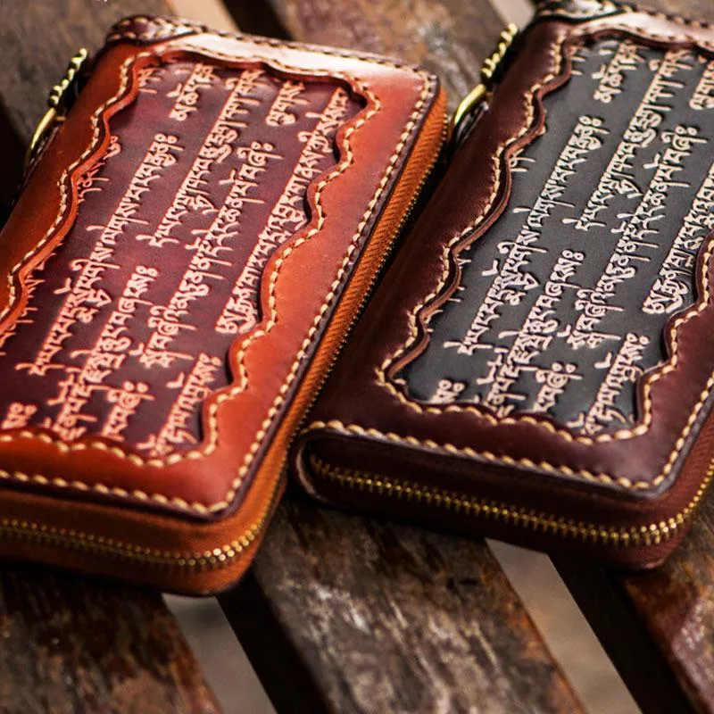 Handmade Leather Mens Tibetan Chain Biker Wallet Cool Leather Clutch Wallet Long Wallets for Men