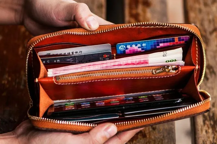 Handmade Leather Mens Tibetan Chain Biker Wallet Cool Leather Clutch Wallet Long Wallets for Men