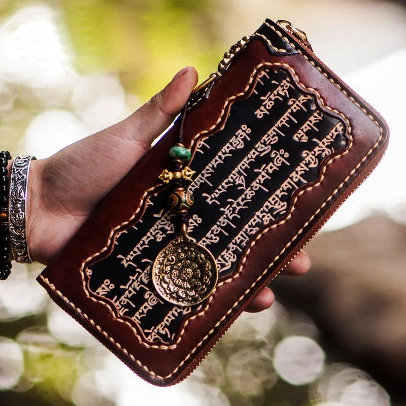 Handmade Leather Mens Tibetan Chain Biker Wallet Cool Leather Clutch Wallet Long Wallets for Men