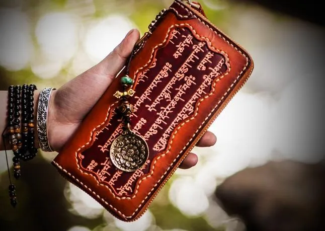 Handmade Leather Mens Tibetan Chain Biker Wallet Cool Leather Clutch Wallet Long Wallets for Men