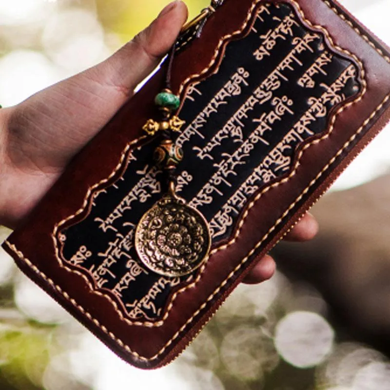 Handmade Leather Mens Tibetan Chain Biker Wallet Cool Leather Clutch Wallet Long Wallets for Men