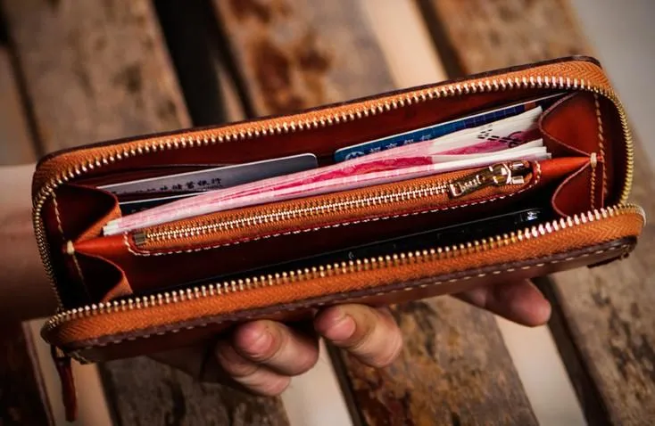 Handmade Leather Mens Tibetan Chain Biker Wallet Cool Leather Clutch Wallet Long Wallets for Men