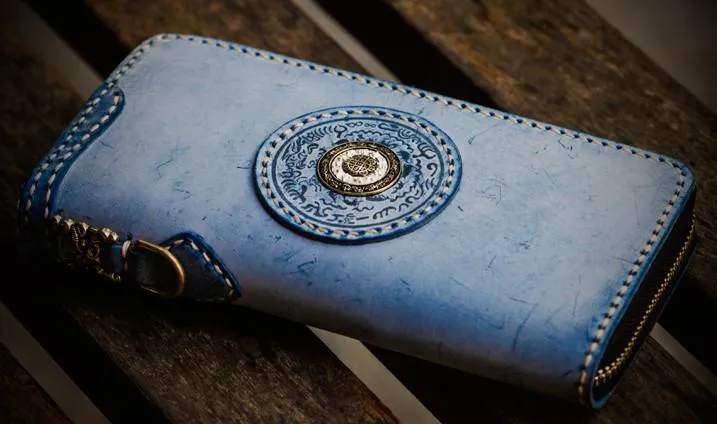 Handmade Leather Mens Tibetan Chain Biker Wallet Cool Leather Wallet Long Clutch Wallets for Men