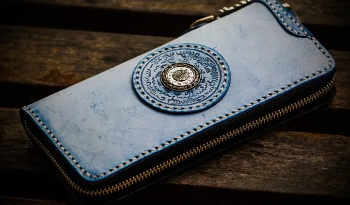 Handmade Leather Mens Tibetan Chain Biker Wallet Cool Leather Wallet Long Clutch Wallets for Men