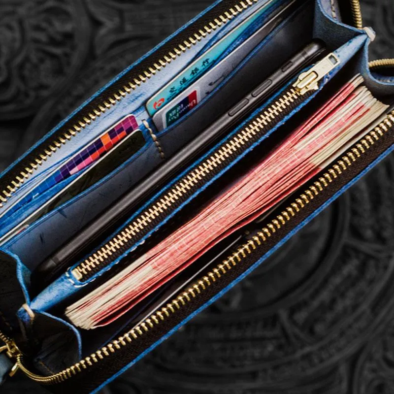 Handmade Leather Mens Tibetan Chain Biker Wallet Cool Leather Wallet Long Clutch Wallets for Men