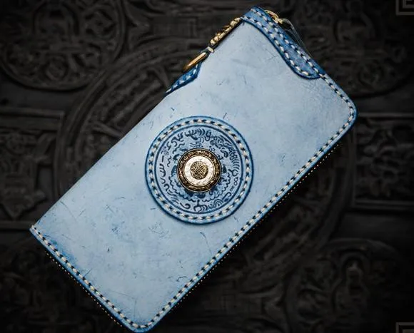 Handmade Leather Mens Tibetan Chain Biker Wallet Cool Leather Wallet Long Clutch Wallets for Men