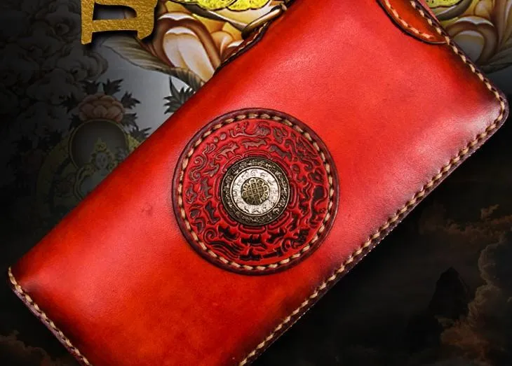 Handmade Leather Mens Tibetan Chain Biker Wallet Cool Leather Wallets Long Clutch Wallets for Men