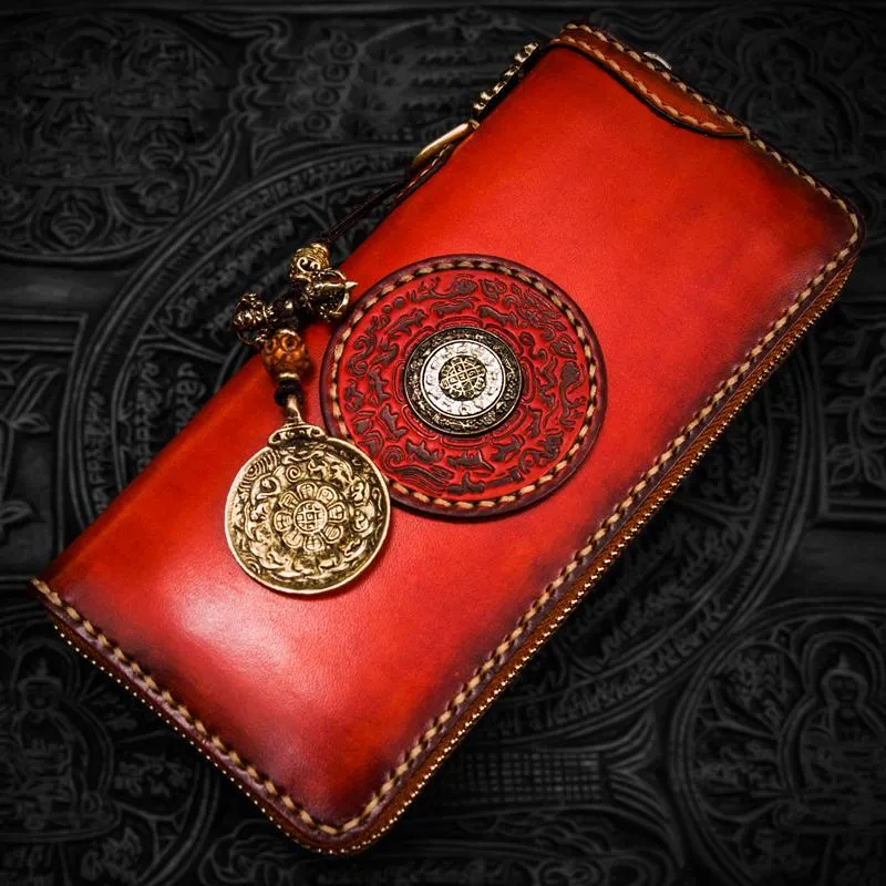 Handmade Leather Mens Tibetan Chain Biker Wallet Cool Leather Wallets Long Clutch Wallets for Men