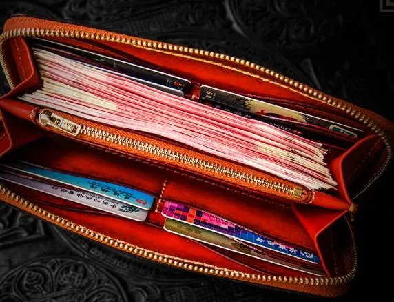 Handmade Leather Mens Tibetan Chain Biker Wallet Cool Leather Wallets Long Clutch Wallets for Men