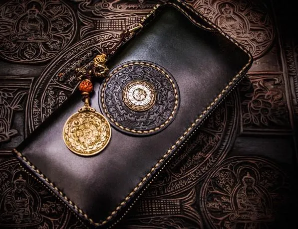Handmade Leather Mens Tibetan Chain Biker Wallet Cool Leather Wallets Long Clutch Wallets for Men