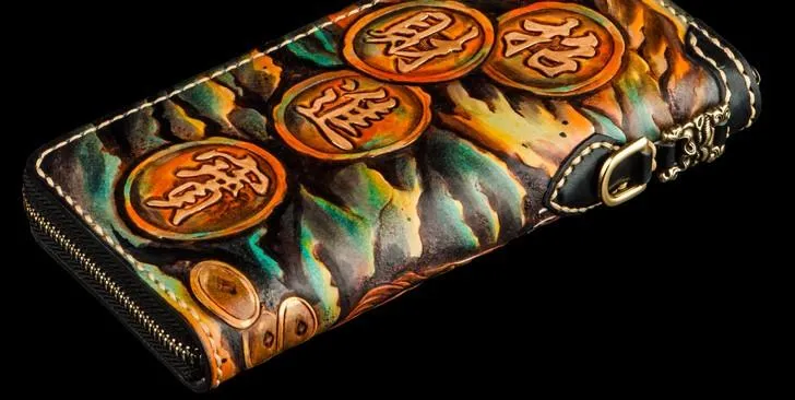 Handmade Leather Mens Tooled Monster Chain Biker Wallets Cool Leather Clutch Wallets Long Wallets for Men