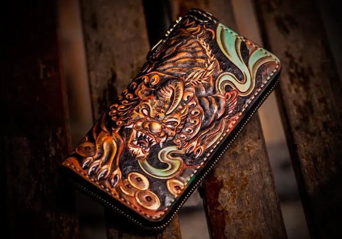 Handmade Leather Mens Tooled Monster Chain Biker Wallets Cool Leather Clutch Wallets Long Wallets for Men