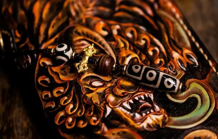 Handmade Leather Mens Tooled Monster Chain Biker Wallets Cool Leather Clutch Wallets Long Wallets for Men