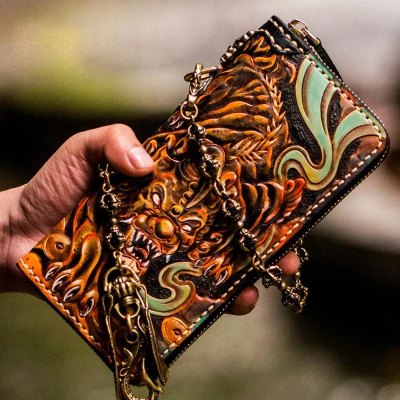 Handmade Leather Mens Tooled Monster Chain Biker Wallets Cool Leather Clutch Wallets Long Wallets for Men