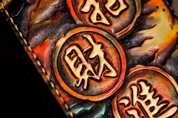 Handmade Leather Mens Tooled Monster Chain Biker Wallets Cool Leather Clutch Wallets Long Wallets for Men