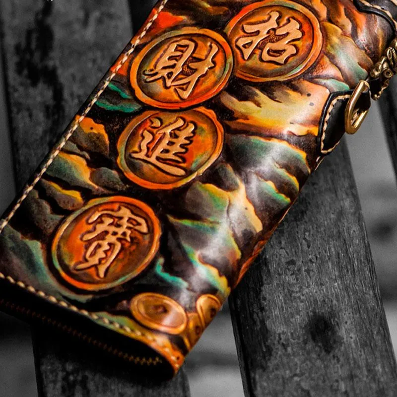 Handmade Leather Mens Tooled Monster Chain Biker Wallets Cool Leather Clutch Wallets Long Wallets for Men