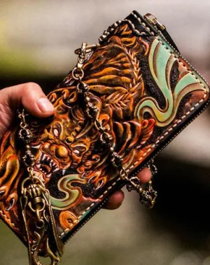 Handmade Leather Mens Tooled Monster Chain Biker Wallets Cool Leather Clutch Wallets Long Wallets for Men