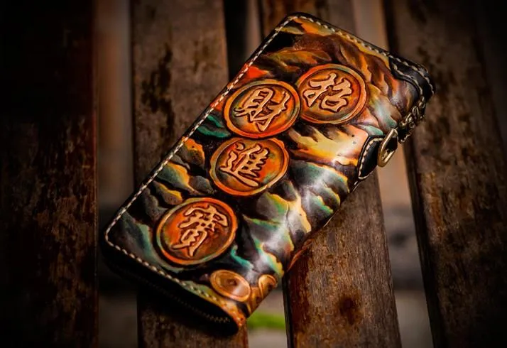Handmade Leather Mens Tooled Monster Chain Biker Wallets Cool Leather Clutch Wallets Long Wallets for Men