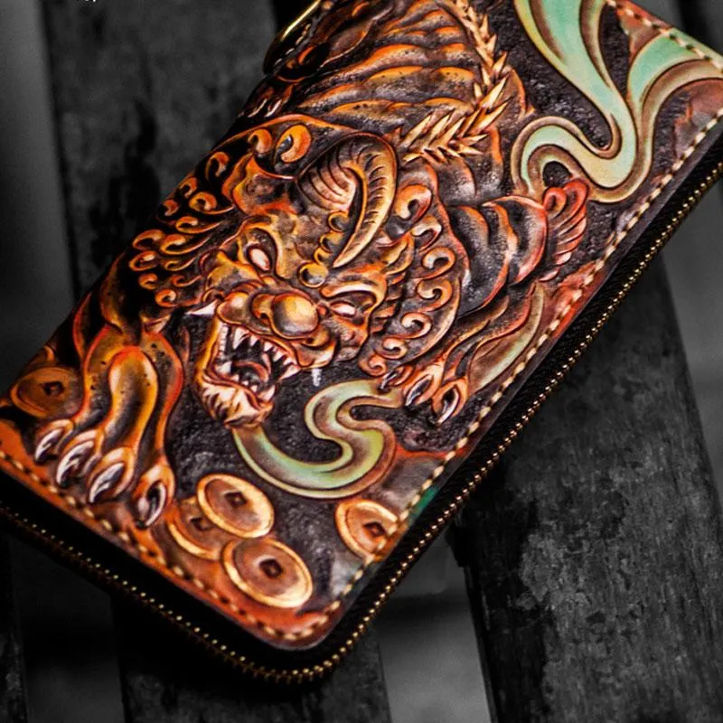 Handmade Leather Mens Tooled Monster Chain Biker Wallets Cool Leather Clutch Wallets Long Wallets for Men