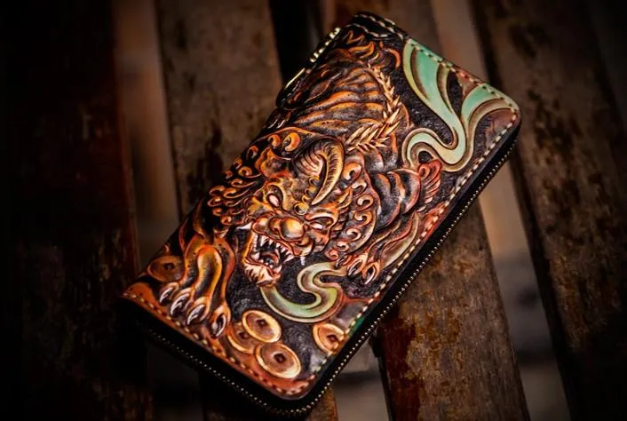 Handmade Leather Mens Tooled Monster Chain Biker Wallets Cool Leather Clutch Wallets Long Wallets for Men