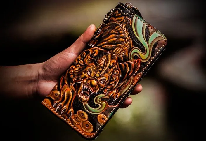 Handmade Leather Mens Tooled Monster Chain Biker Wallets Cool Leather Clutch Wallets Long Wallets for Men