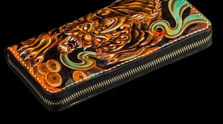Handmade Leather Mens Tooled Monster Chain Biker Wallets Cool Leather Clutch Wallets Long Wallets for Men