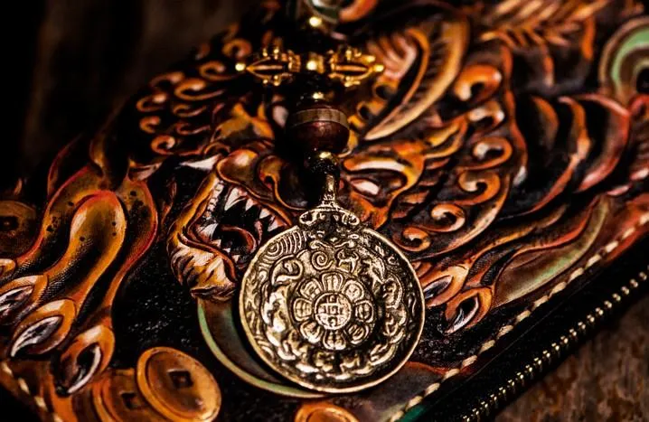 Handmade Leather Mens Tooled Monster Chain Biker Wallets Cool Leather Clutch Wallets Long Wallets for Men