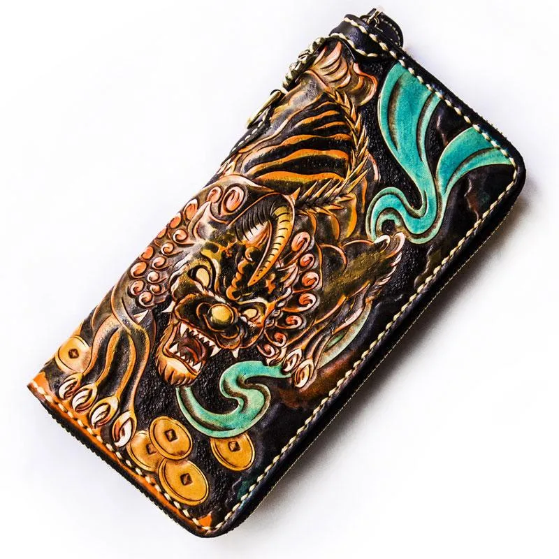 Handmade Leather Mens Tooled Monster Chain Biker Wallets Cool Leather Clutch Wallets Long Wallets for Men