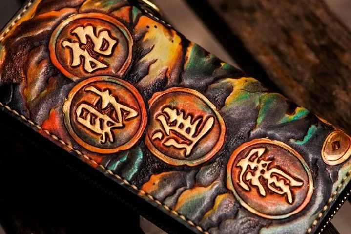 Handmade Leather Mens Tooled Monster Chain Biker Wallets Cool Leather Clutch Wallets Long Wallets for Men