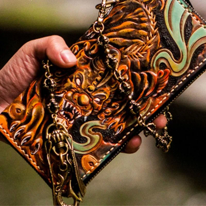 Handmade Leather Mens Tooled Monster Chain Biker Wallets Cool Leather Clutch Wallets Long Wallets for Men