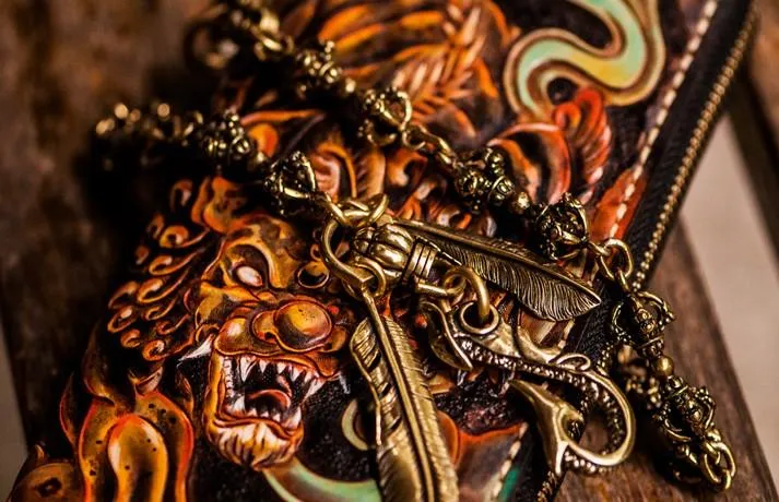 Handmade Leather Mens Tooled Monster Chain Biker Wallets Cool Leather Clutch Wallets Long Wallets for Men