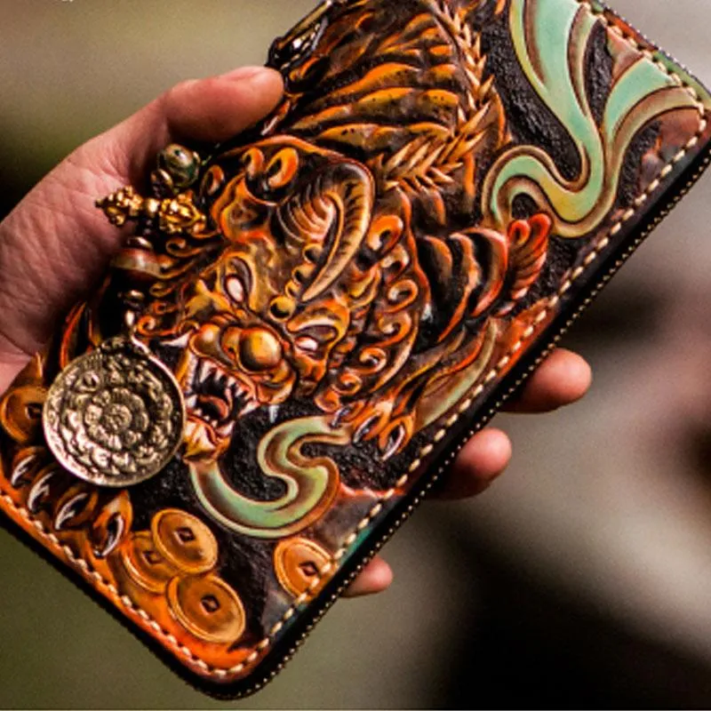 Handmade Leather Mens Tooled Monster Chain Biker Wallets Cool Leather Clutch Wallets Long Wallets for Men