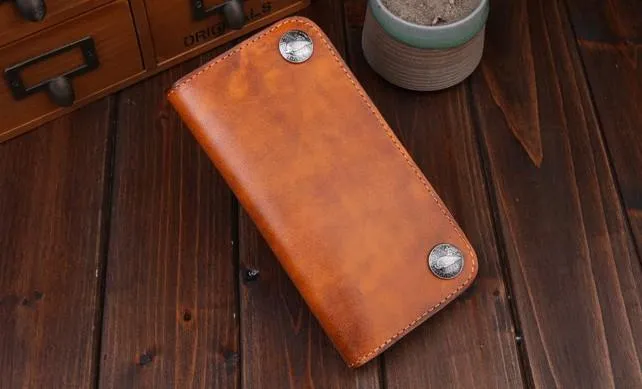 Handmade Leather Mens Trucker Wallet Cool Biker Leather Wallet Long Phone Wallets for Men