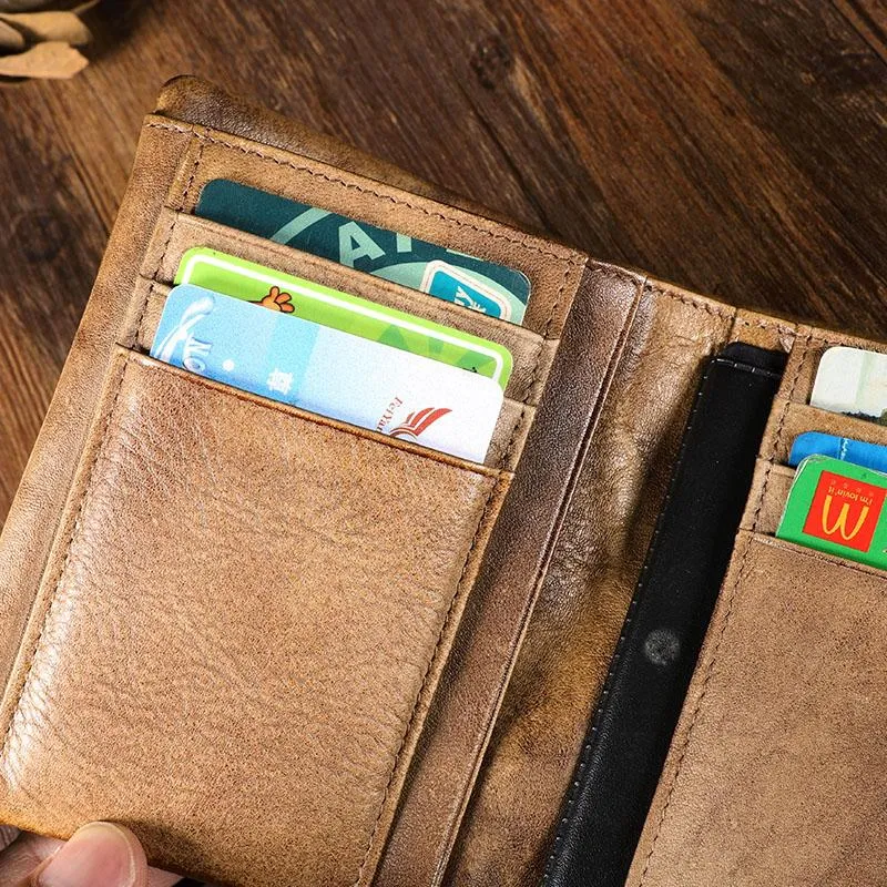 Handmade Leather Mens Vertical Gray billfold Wallet Men Brown Small Bifold Wallets for Men