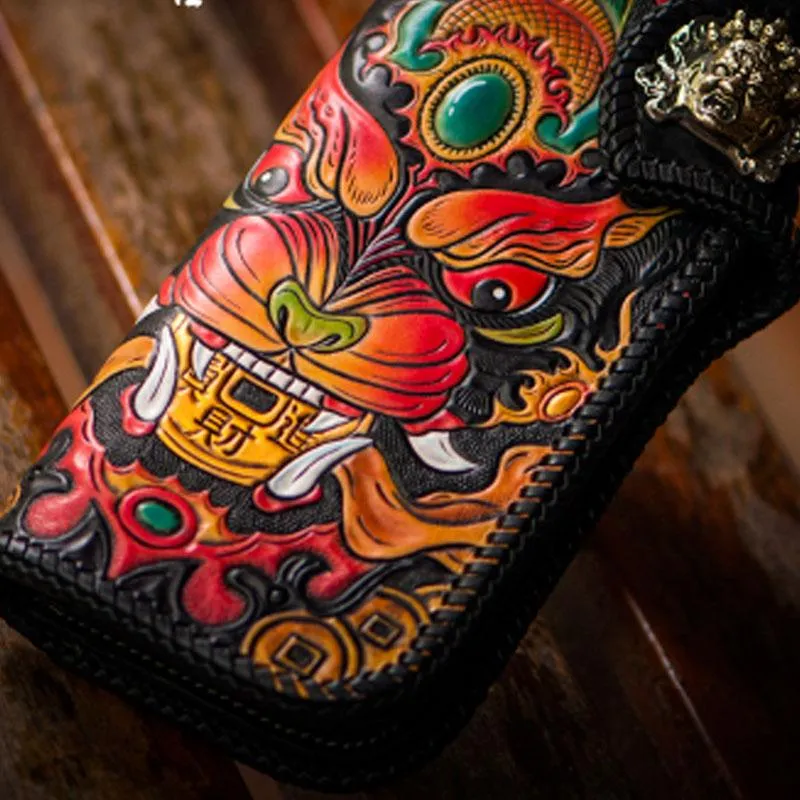 Handmade Leather Monster Mens Chain Biker Wallets Cool Tooled Leather Wallet Long Wallets for Men